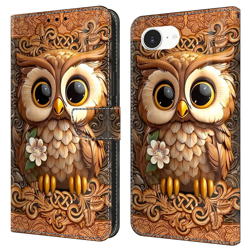 For iPhone 17e / 16e Case with Card Slot Pattern Printed TPU+PU Leather Flip Phone Cover - Red Owl - 1