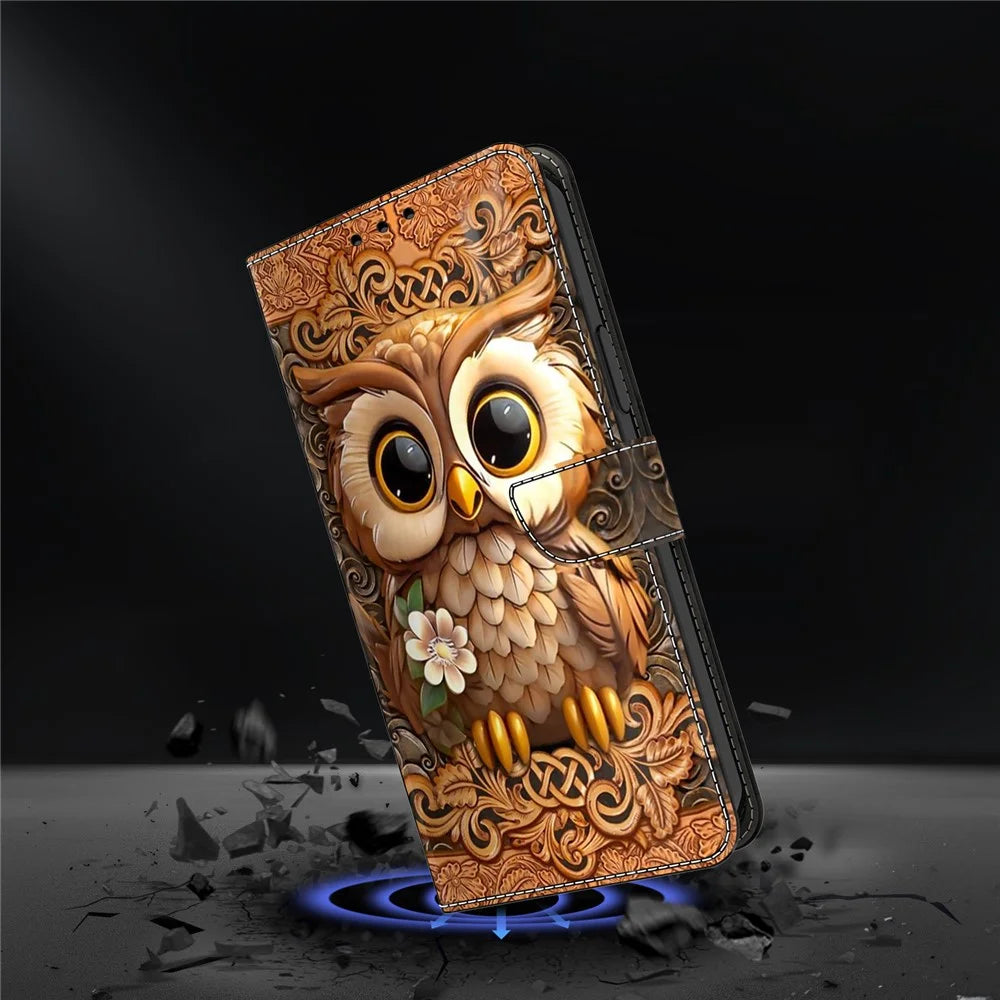 For iPhone 17e / 16e Case with Card Slot Pattern Printed TPU+PU Leather Flip Phone Cover - Red Owl - 4
