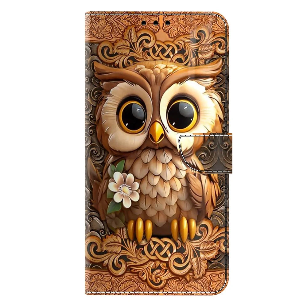 For iPhone 17e / 16e Case with Card Slot Pattern Printed TPU+PU Leather Flip Phone Cover - Red Owl - 5
