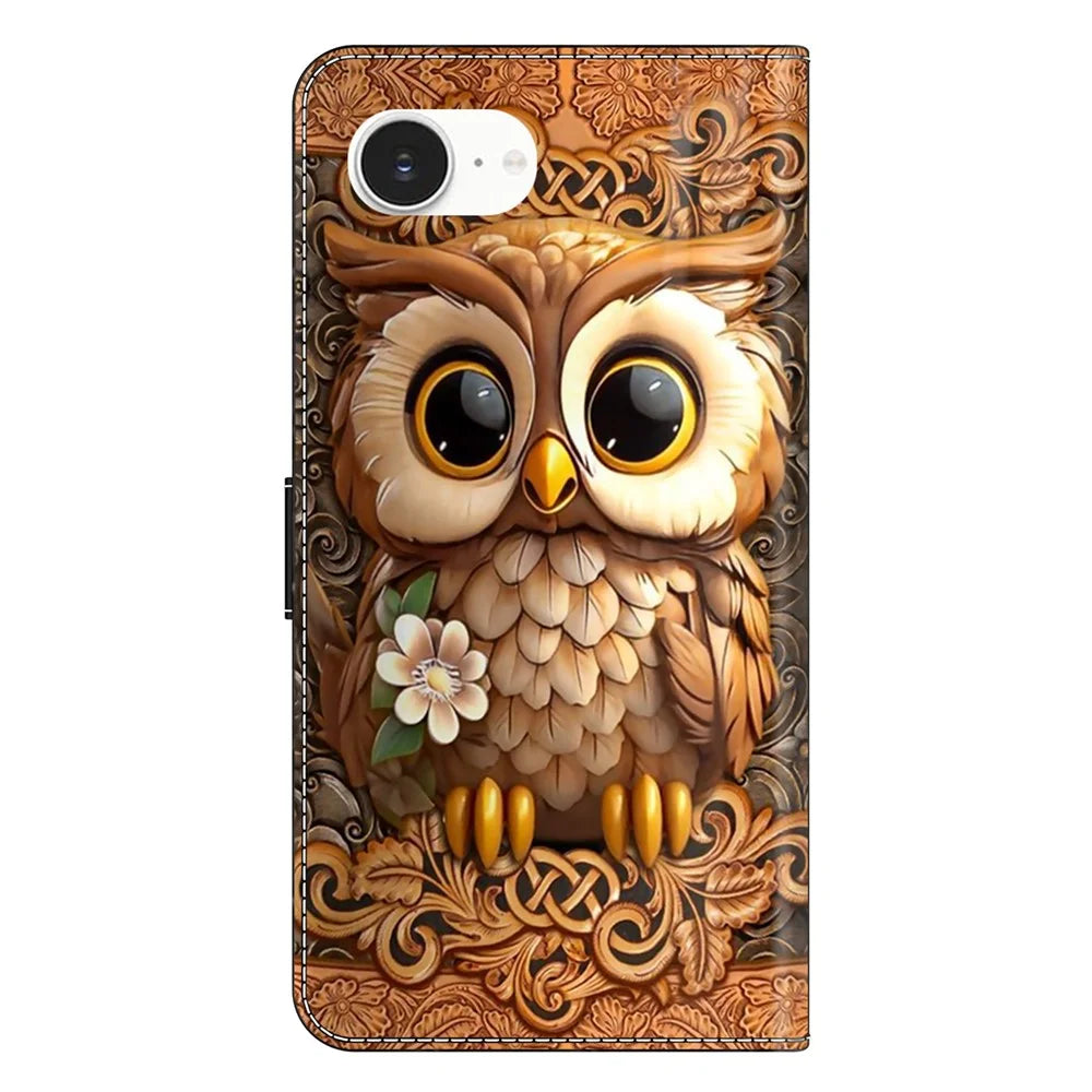 For iPhone 17e / 16e Case with Card Slot Pattern Printed TPU+PU Leather Flip Phone Cover - Red Owl - 6