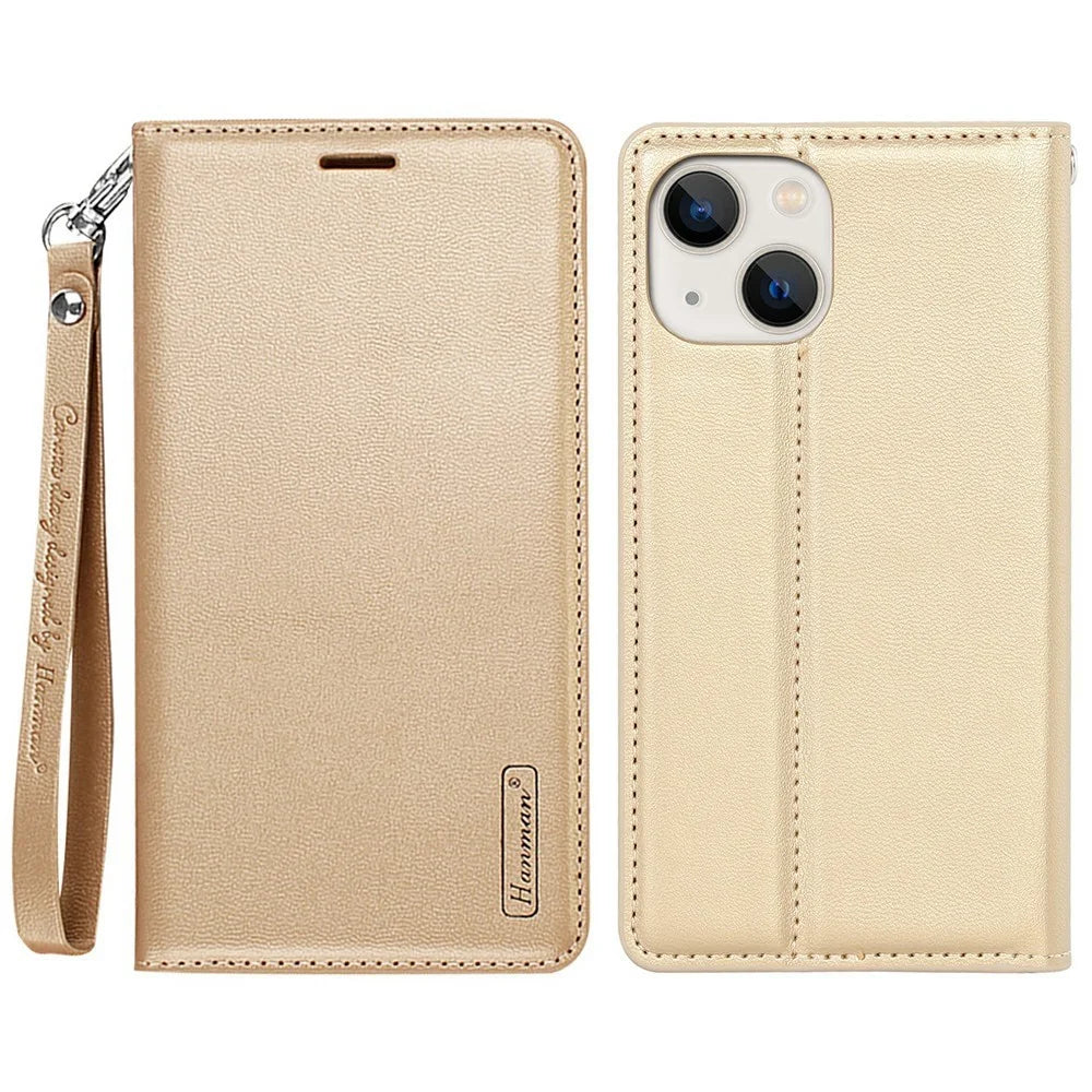 HANMAN Minuo Series Wallet Phone Case for iPhone 14, PU Leather + TPU Foldable Stand Magnetic Auto-absorbed Cover - Gold - 1