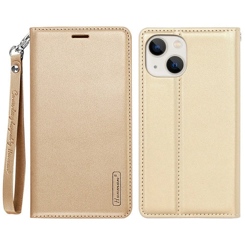 HANMAN Minuo Series Wallet Phone Case for iPhone 14, PU Leather + TPU Foldable Stand Magnetic Auto-absorbed Cover - Gold - 1