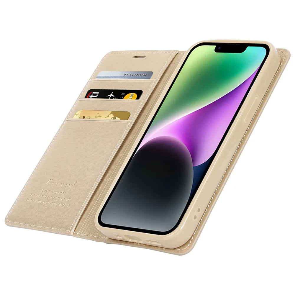 HANMAN Minuo Series Wallet Phone Case for iPhone 14, PU Leather + TPU Foldable Stand Magnetic Auto-absorbed Cover - Gold - 2