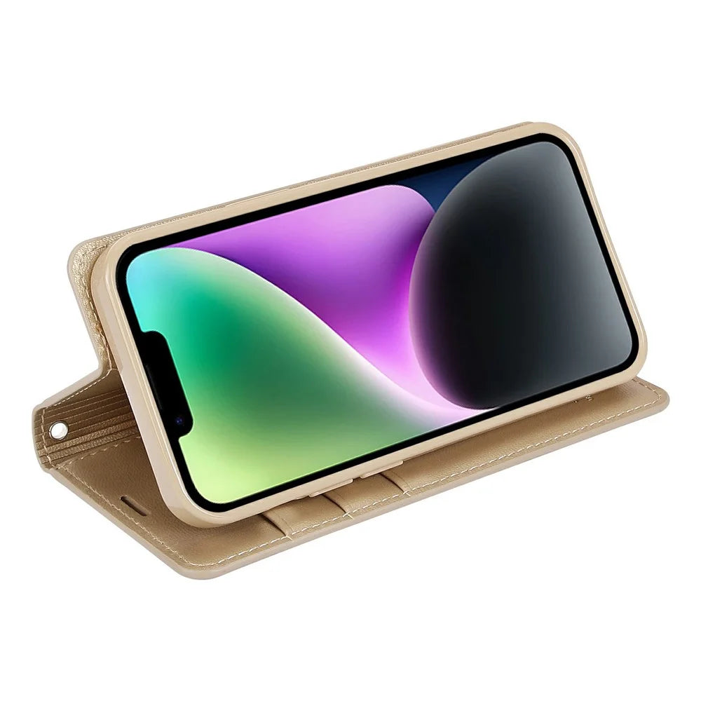 HANMAN Minuo Series Wallet Phone Case for iPhone 14, PU Leather + TPU Foldable Stand Magnetic Auto-absorbed Cover - Gold - 3