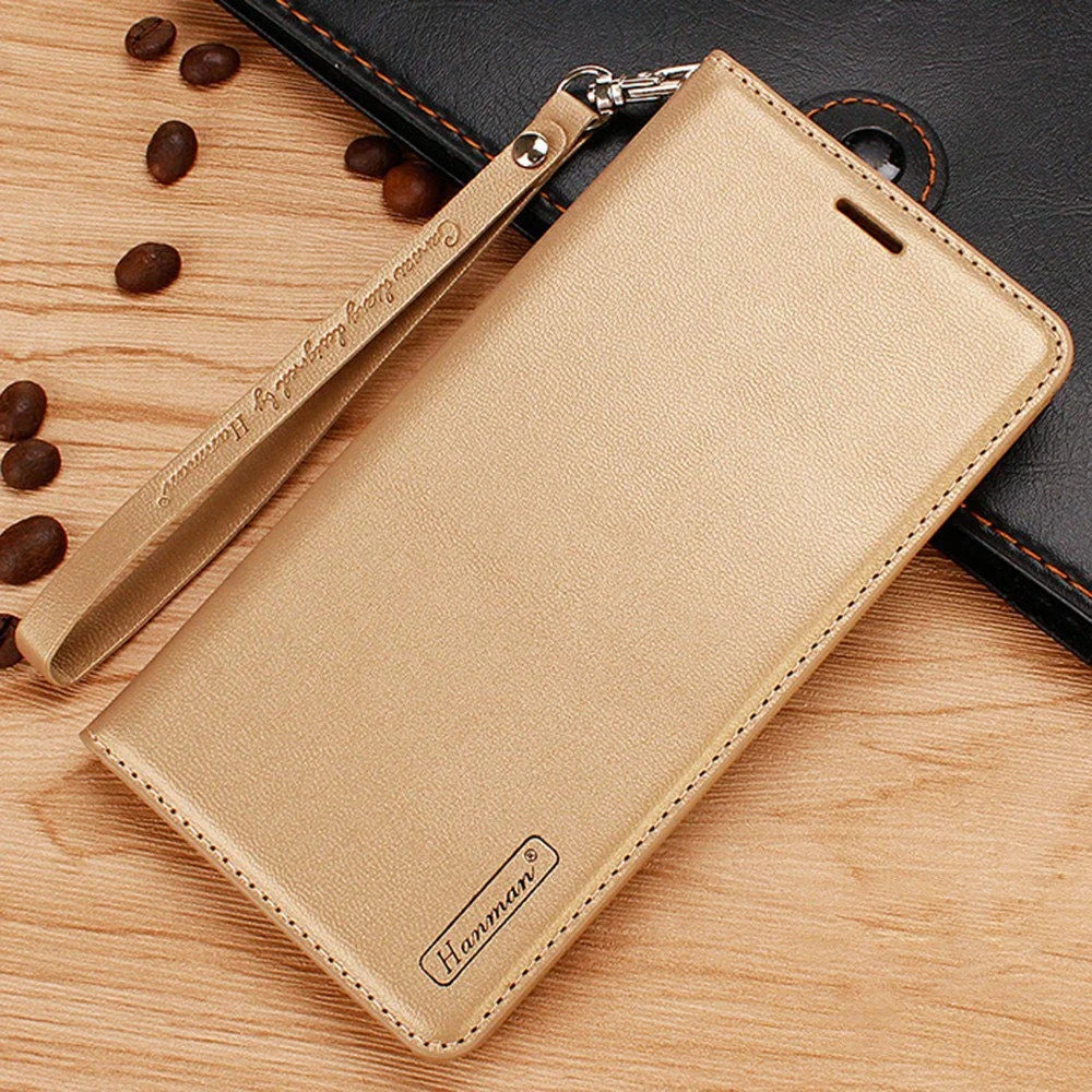 HANMAN Minuo Series Wallet Phone Case for iPhone 14, PU Leather + TPU Foldable Stand Magnetic Auto-absorbed Cover - Gold - 4