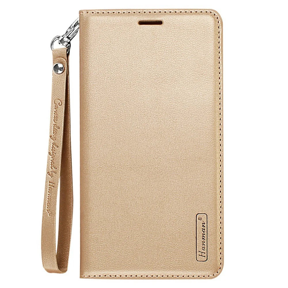 HANMAN Minuo Series Wallet Phone Case for iPhone 14, PU Leather + TPU Foldable Stand Magnetic Auto-absorbed Cover - Gold - 5