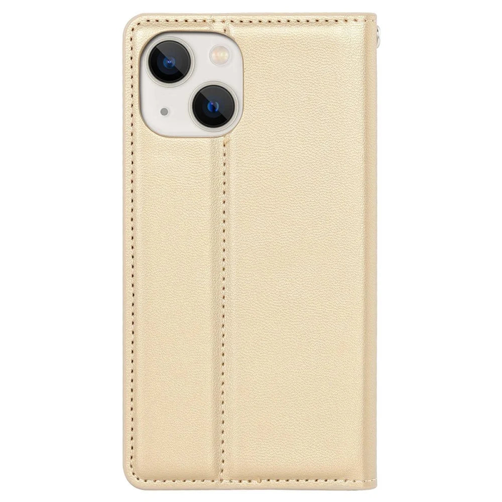 HANMAN Minuo Series Wallet Phone Case for iPhone 14, PU Leather + TPU Foldable Stand Magnetic Auto-absorbed Cover - Gold - 6
