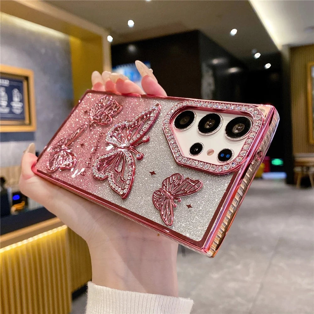 For Samsung Galaxy S25 Ultra Case Rhinestones Decor 3D Butterfly TPU Phone Cover with Glitter Paper - Purple - 4