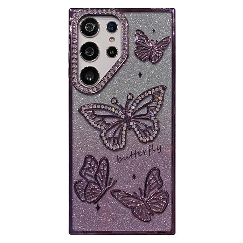 For Samsung Galaxy S24 Ultra Case Rhinestones Decor 3D Butterfly TPU Phone Cover with Glitter Paper - Purple - 1