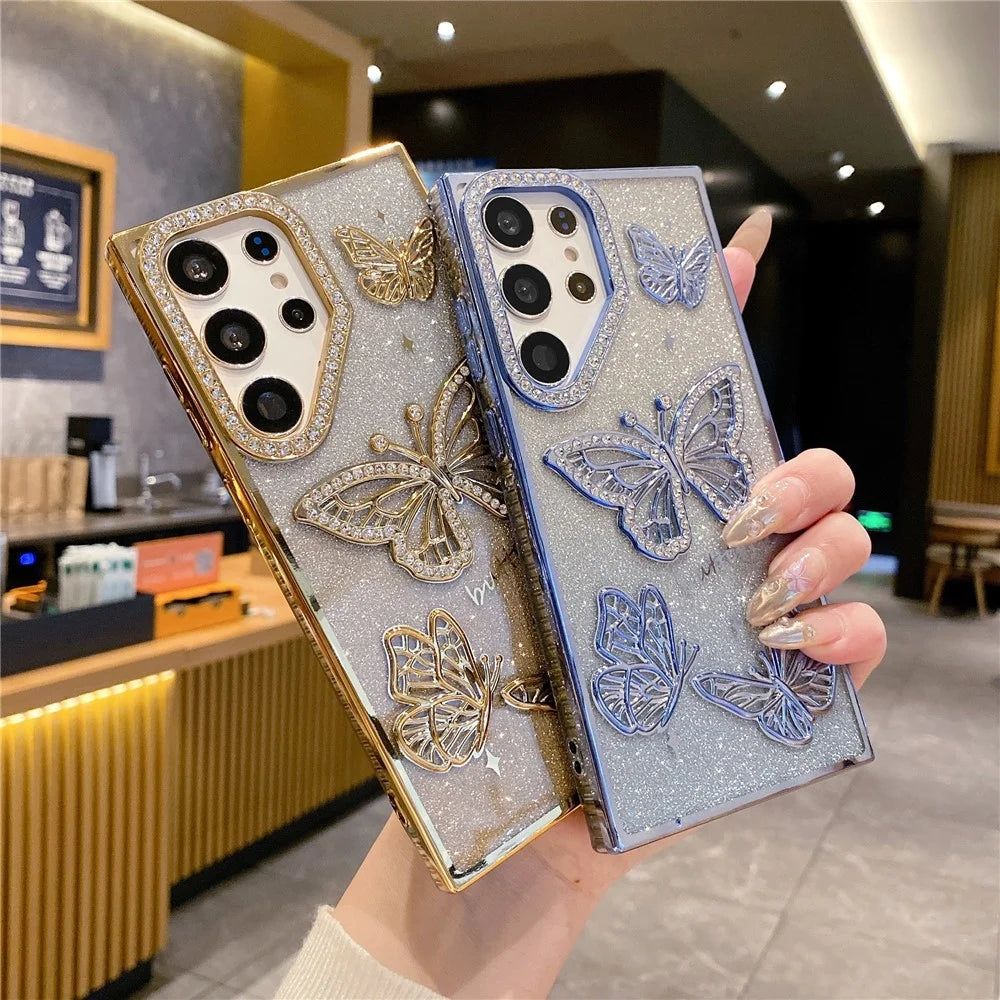 For Samsung Galaxy S24 Ultra Case Rhinestones Decor 3D Butterfly TPU Phone Cover with Glitter Paper - Purple - 7