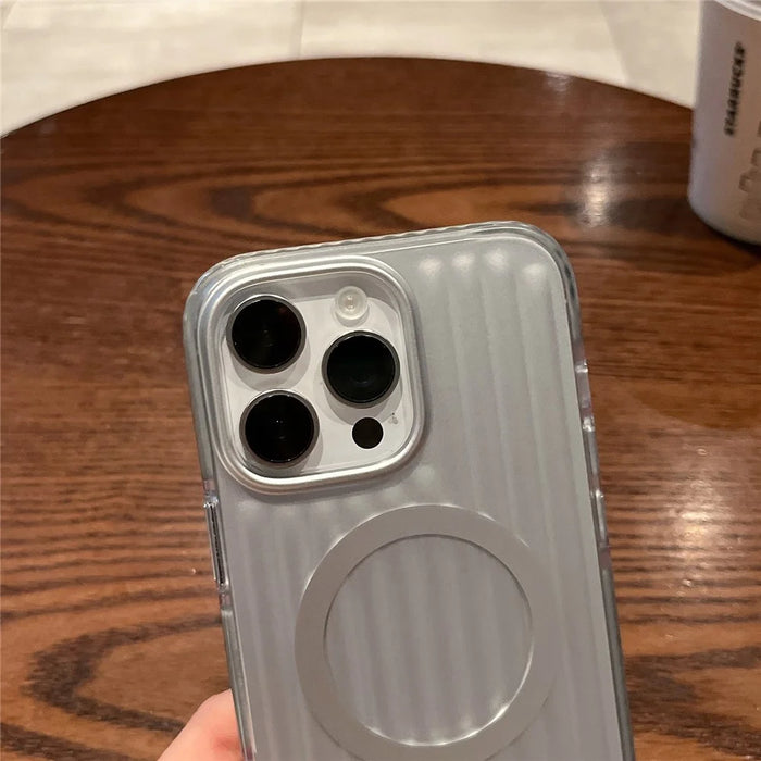 For iPhone 16 Pro Max Magnetic Case Corrugated Design PC + TPU Shockproof Phone Back Cover - Silver - 6