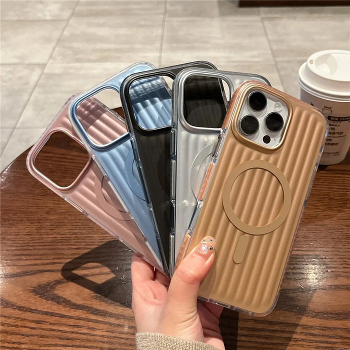 For iPhone 16 Pro Magnetic Case Corrugated Design PC + TPU Shockproof Phone Back Cover - Silver - 4