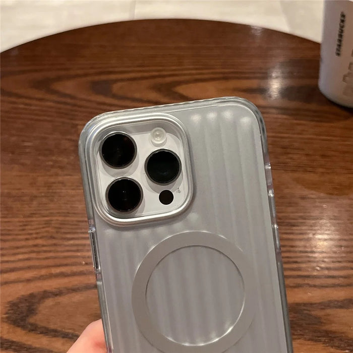 For iPhone 16 Pro Magnetic Case Corrugated Design PC + TPU Shockproof Phone Back Cover - Silver - 5