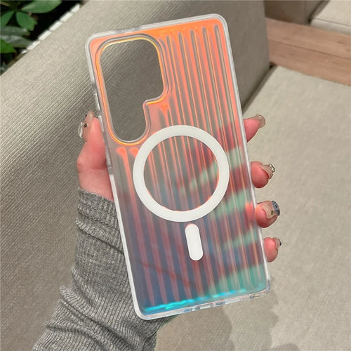 For Samsung Galaxy S25 Ultra Magnetic Case Dazzling Gradient Color PC + TPU Phone Back Cover Corrugated Design - Rainbow Light - 1