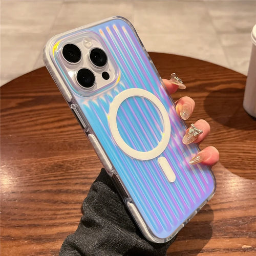 For iPhone 16 Pro Magnetic Case Dazzling Gradient Color PC + TPU Phone Back Cover Corrugated Design - Blue Light - 1