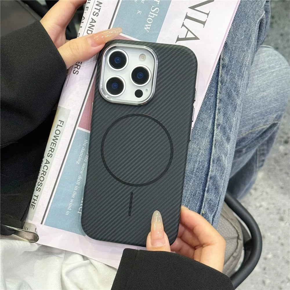 For iPhone 16 Pro Max Magnetic Case Carbon Fiber Texture PC Phone Protector with Metal Lens Frame - Black - 1