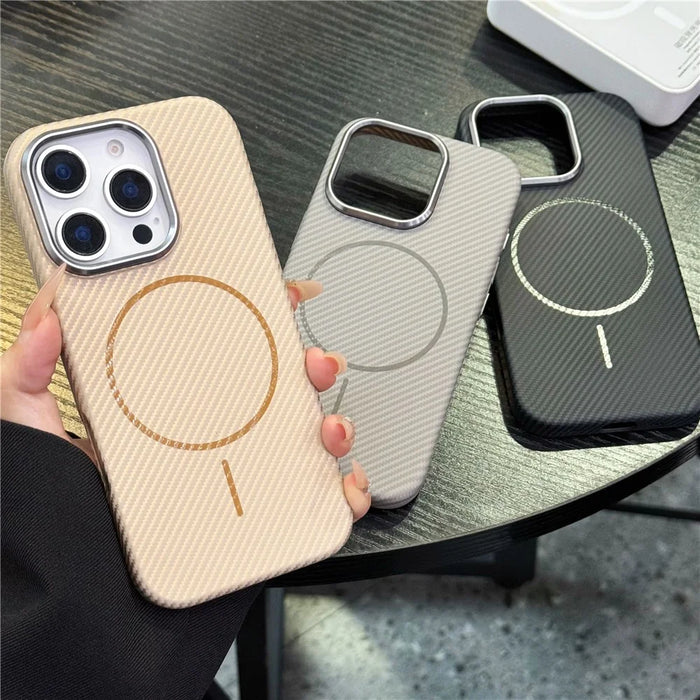 For iPhone 16 Pro Max Magnetic Case Carbon Fiber Texture PC Phone Protector with Metal Lens Frame - Black - 7