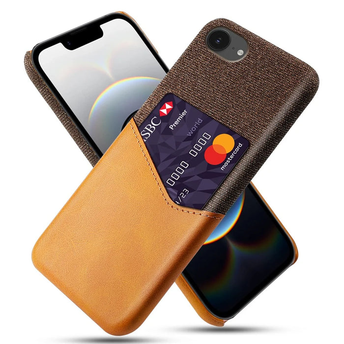 For iPhone 17e / 16e Case PU Leather Cloth Texture Hard PC Phone Cover with Card Holder - Orange - 1