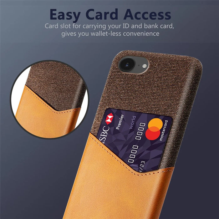 For iPhone 17e / 16e Case PU Leather Cloth Texture Hard PC Phone Cover with Card Holder - Orange - 3
