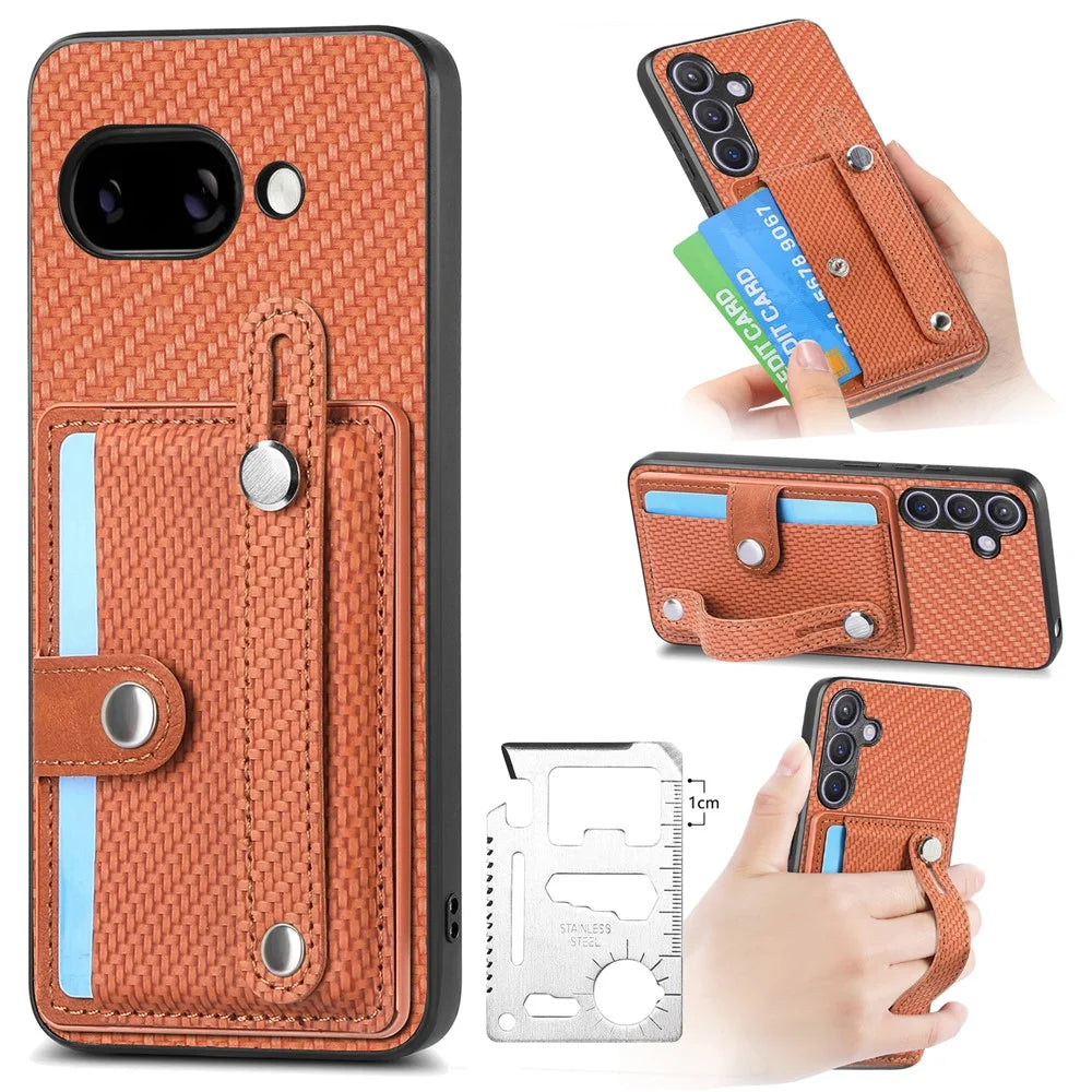 For Google Pixel 9a Case Carbon Fiber Texture Leather Phone Back Cover with Card Holder - Brown - 1