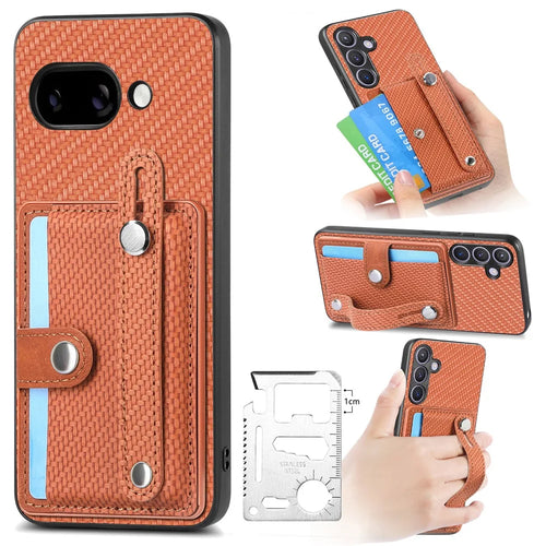 For Google Pixel 9a Case Carbon Fiber Texture Leather Phone Back Cover with Card Holder - Brown - 1