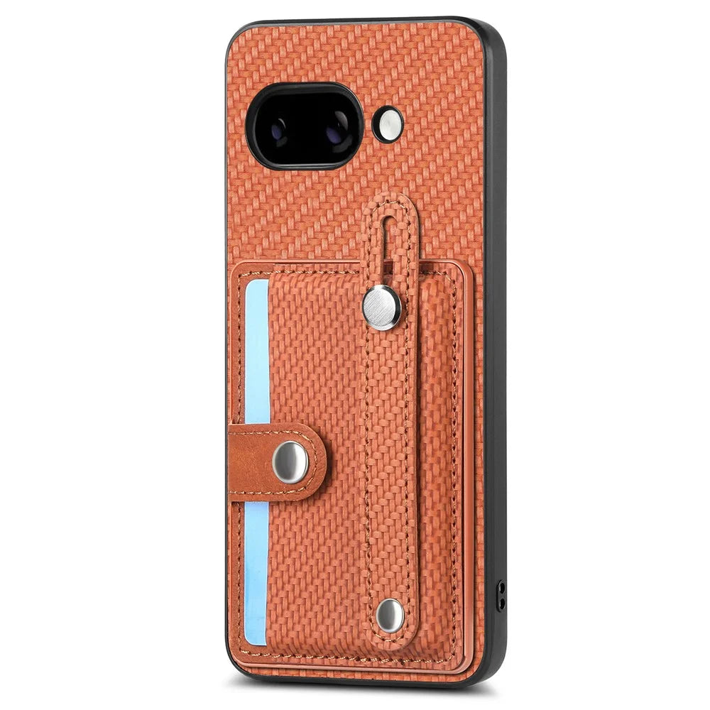 For Google Pixel 9a Case Carbon Fiber Texture Leather Phone Back Cover with Card Holder - Brown - 2