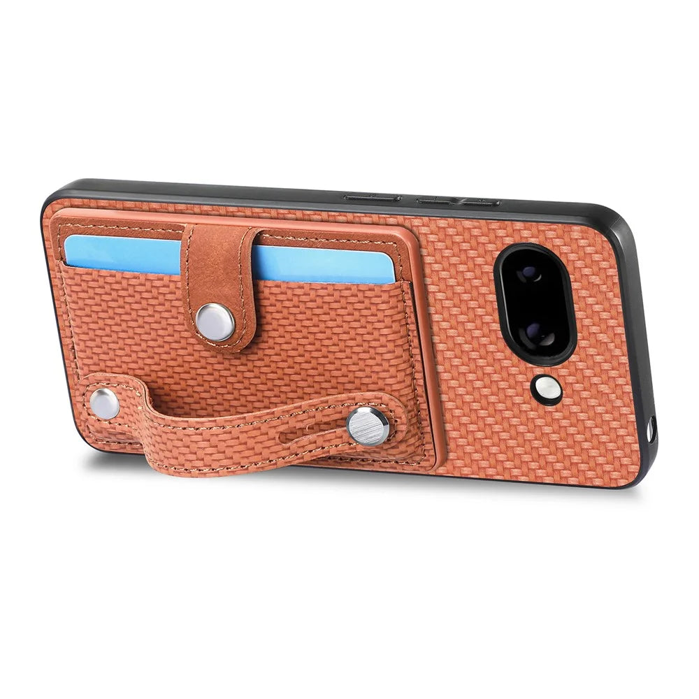 For Google Pixel 9a Case Carbon Fiber Texture Leather Phone Back Cover with Card Holder - Brown - 3