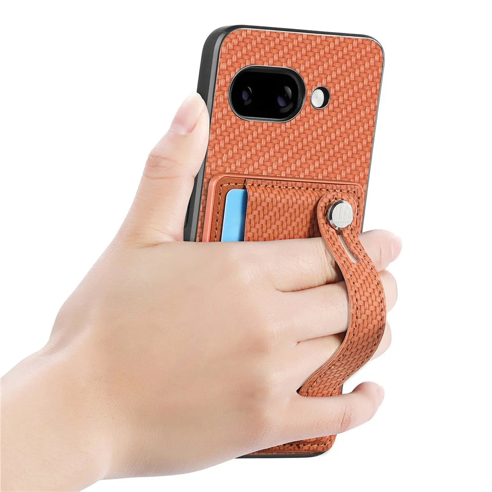 For Google Pixel 9a Case Carbon Fiber Texture Leather Phone Back Cover with Card Holder - Brown - 4
