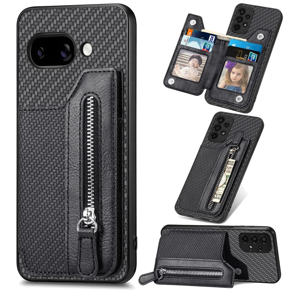 For Google Pixel 9a Case Leather+PC+TPU Zipper Wallet Phone Cover - Black - 1