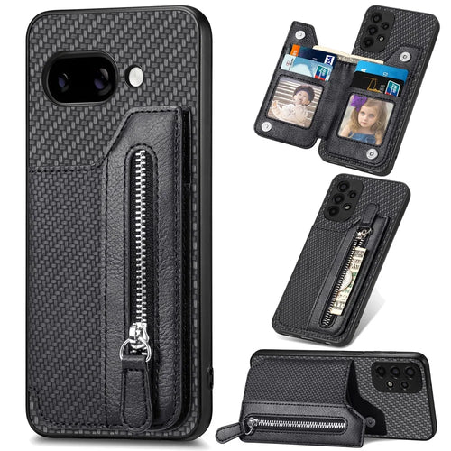 For Google Pixel 9a Case Leather+PC+TPU Zipper Wallet Phone Cover - Black - 1