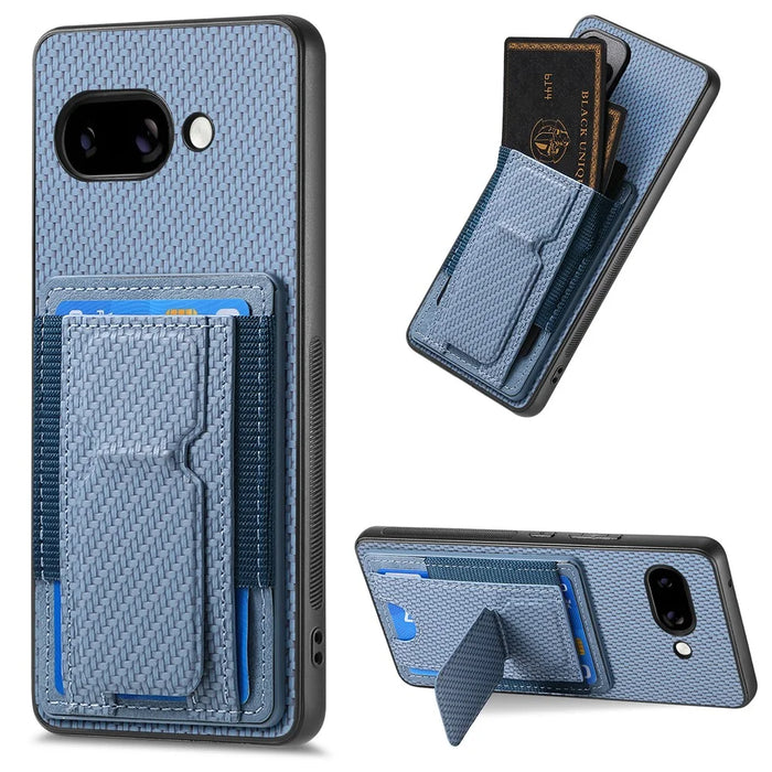 For Google Pixel 9a Case with Card Holder Kickstand Fiber Pattern Leather Back Cover - Blue - 1