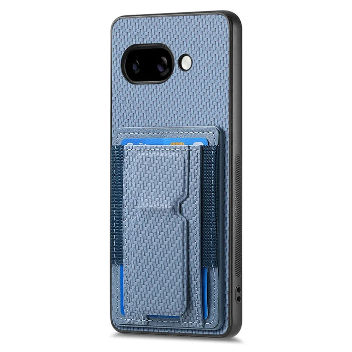 For Google Pixel 9a Case with Card Holder Kickstand Fiber Pattern Leather Back Cover - Blue - 2