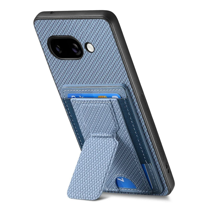 For Google Pixel 9a Case with Card Holder Kickstand Fiber Pattern Leather Back Cover - Blue - 3