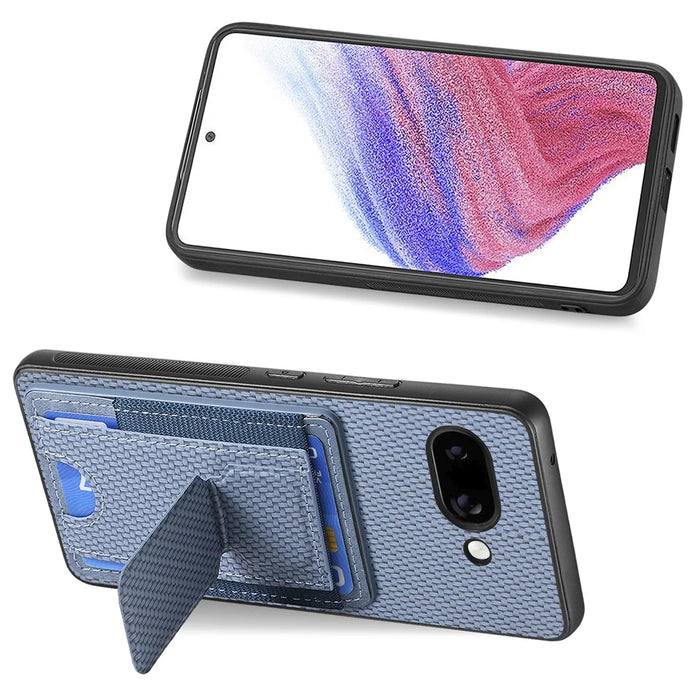 For Google Pixel 9a Case with Card Holder Kickstand Fiber Pattern Leather Back Cover - Blue - 5