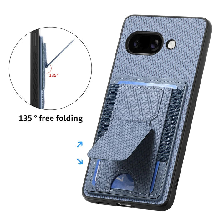 For Google Pixel 9a Case with Card Holder Kickstand Fiber Pattern Leather Back Cover - Blue - 6