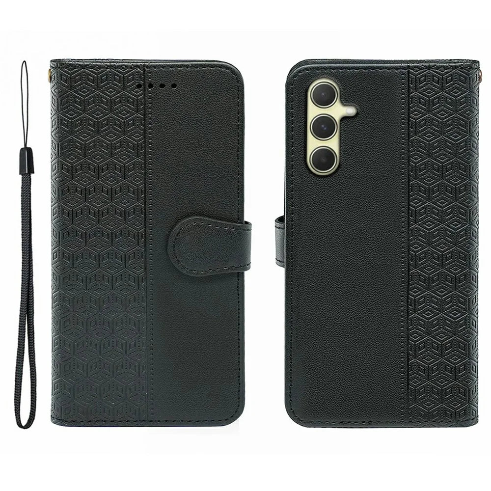 For Samsung Galaxy S25 / S24 Case Anti Scratch Splicing Imprinted Rhombus Leather Phone Cover - Black - 1