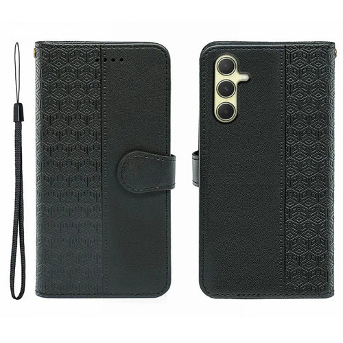 For Samsung Galaxy S25+ / S24+ Case Anti Scratch Splicing Imprinted Rhombus Leather Phone Cover - Black - 1
