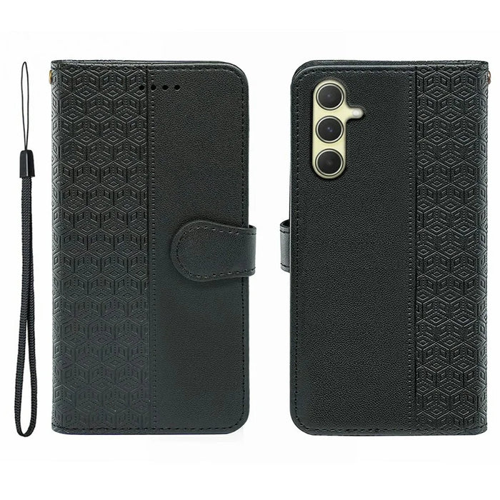 For Samsung Galaxy S25+ / S24+ Case Anti Scratch Splicing Imprinted Rhombus Leather Phone Cover - Black - 1
