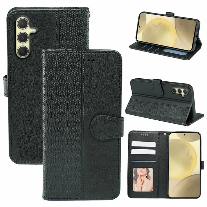 For Samsung Galaxy S25+ / S24+ Case Anti Scratch Splicing Imprinted Rhombus Leather Phone Cover - Black - 5
