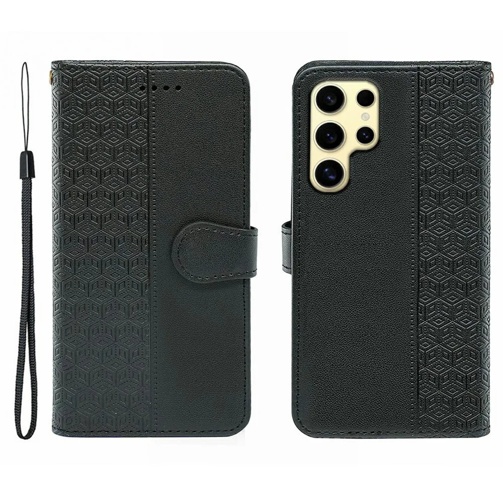 For Samsung Galaxy S25 Ultra Case Anti Scratch Splicing Imprinted Rhombus Leather Phone Cover - Black - 1