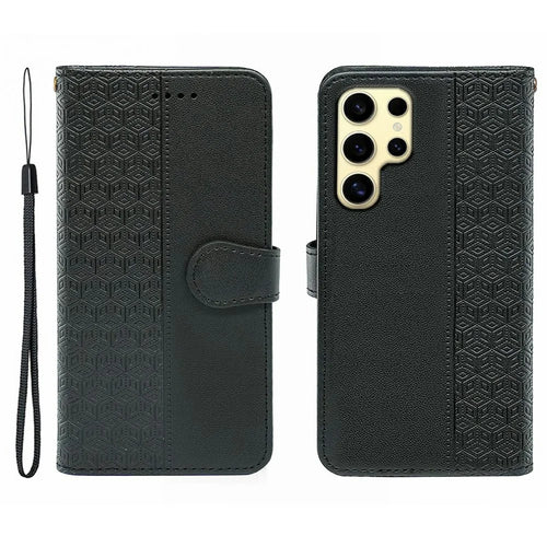 For Samsung Galaxy S25 Ultra Case Anti Scratch Splicing Imprinted Rhombus Leather Phone Cover - Black - 1