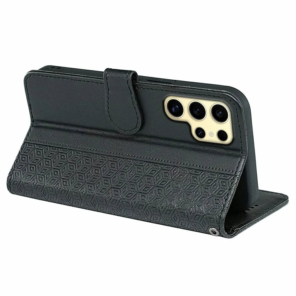 For Samsung Galaxy S25 Ultra Case Anti Scratch Splicing Imprinted Rhombus Leather Phone Cover - Black - 4