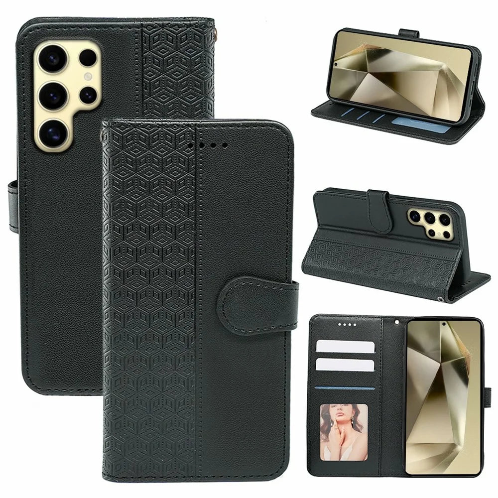 For Samsung Galaxy S25 Ultra Case Anti Scratch Splicing Imprinted Rhombus Leather Phone Cover - Black - 5