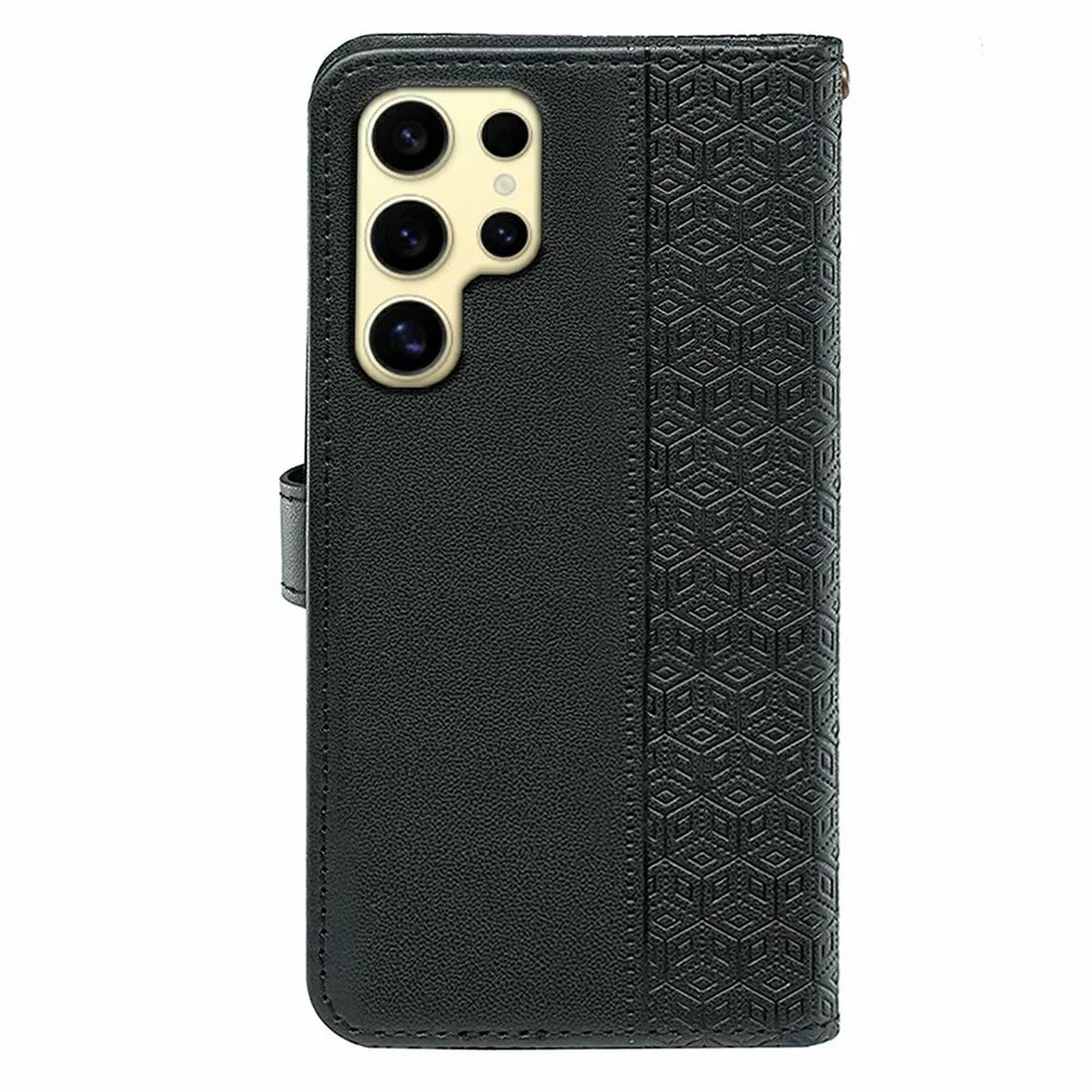 For Samsung Galaxy S25 Ultra Case Anti Scratch Splicing Imprinted Rhombus Leather Phone Cover - Black - 7