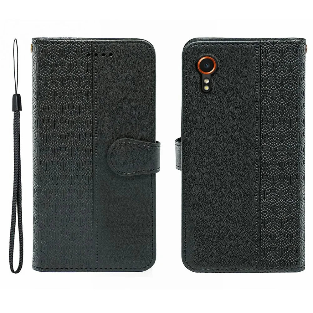 For Samsung Galaxy Xcover7 Case Anti Scratch Splicing Imprinted Rhombus Leather Phone Cover - Black - 1
