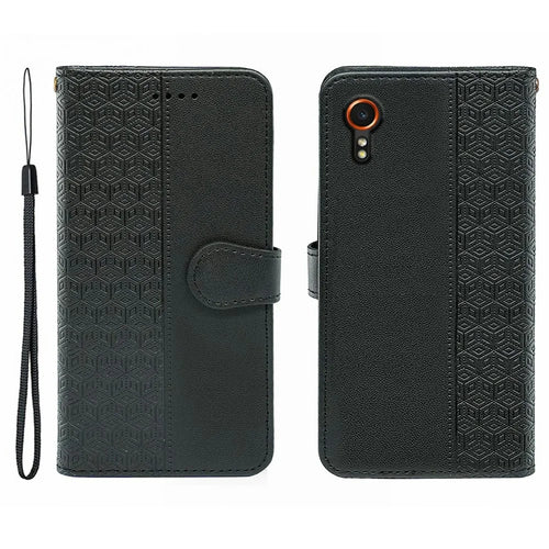 For Samsung Galaxy Xcover7 Case Anti Scratch Splicing Imprinted Rhombus Leather Phone Cover - Black - 1