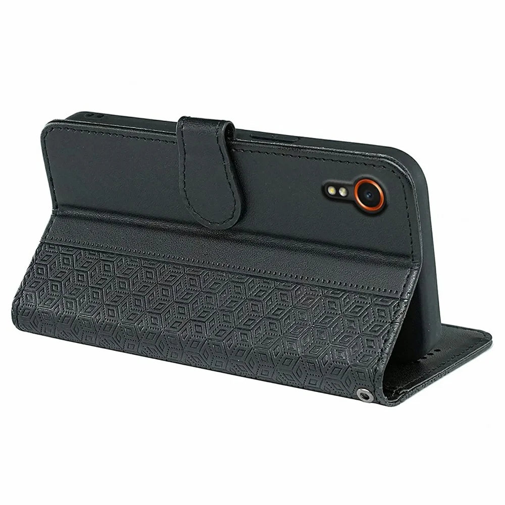 For Samsung Galaxy Xcover7 Case Anti Scratch Splicing Imprinted Rhombus Leather Phone Cover - Black - 4