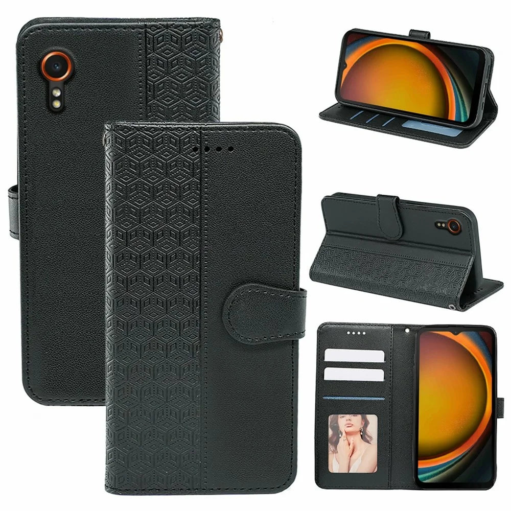 For Samsung Galaxy Xcover7 Case Anti Scratch Splicing Imprinted Rhombus Leather Phone Cover - Black - 5