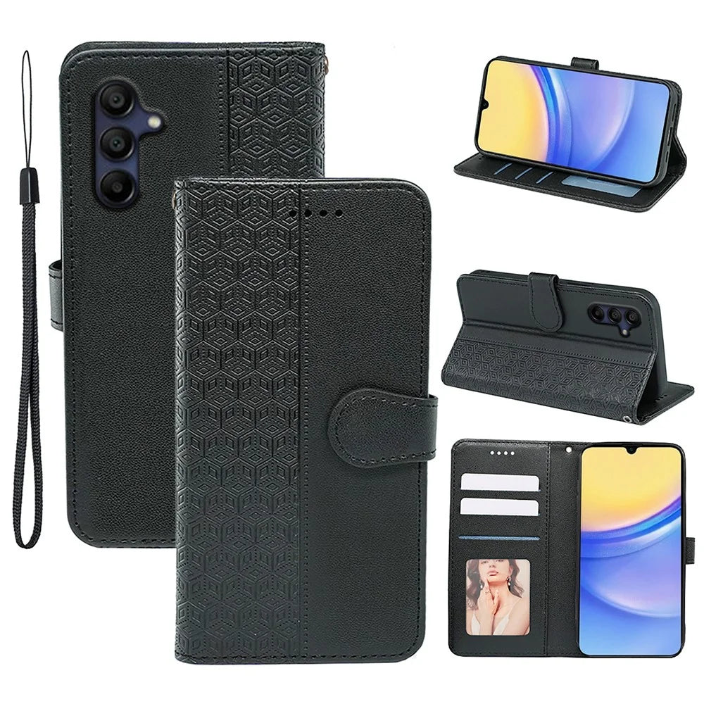 For Samsung Galaxy A16 5G Case Anti Scratch Splicing Imprinted Rhombus Leather Phone Cover - Black - 1