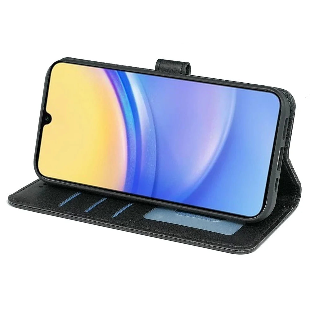 For Samsung Galaxy A16 5G Case Anti Scratch Splicing Imprinted Rhombus Leather Phone Cover - Black - 3